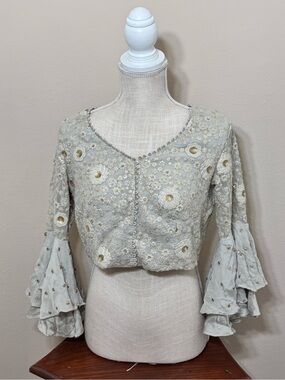 Sari Saree Indian blouse choli crop beaded embroidered ruffle sleeve